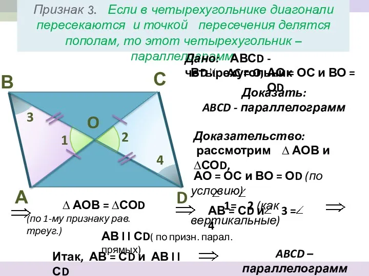 АВ = СD и 3 = 4 АО = ОС и