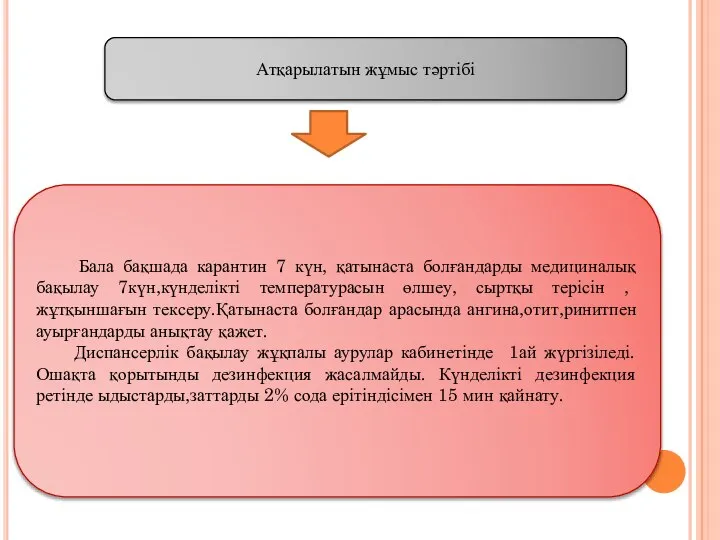 Атқарылатын жұмыс тәртібі Бала бақшада карантин 7 күн, қатынаста болғандарды медициналық