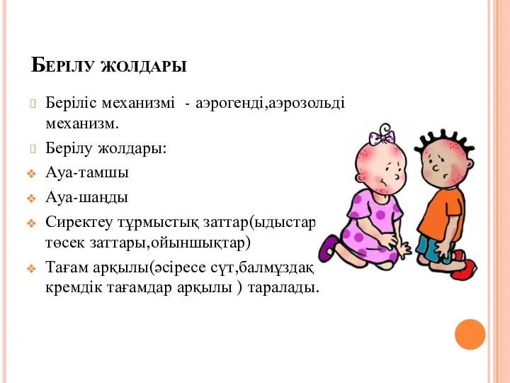 Берілу жолдары Беріліс механизмі - аэрогенді,аэрозольді механизм. Берілу жолдары: Ауа-тамшы Ауа-шаңды