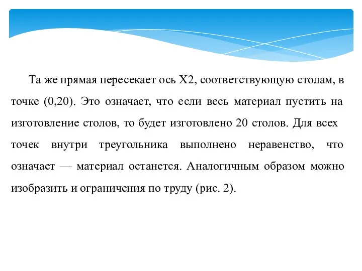 Та же прямая пересекает ось Х2, соответствующую столам, в точке (0,20).