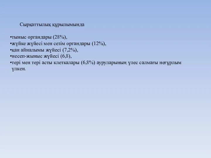 Сырқаттылық құрылымында тыныс органдары (28%), жүйке жүйесі мен сезім органдары (12%),