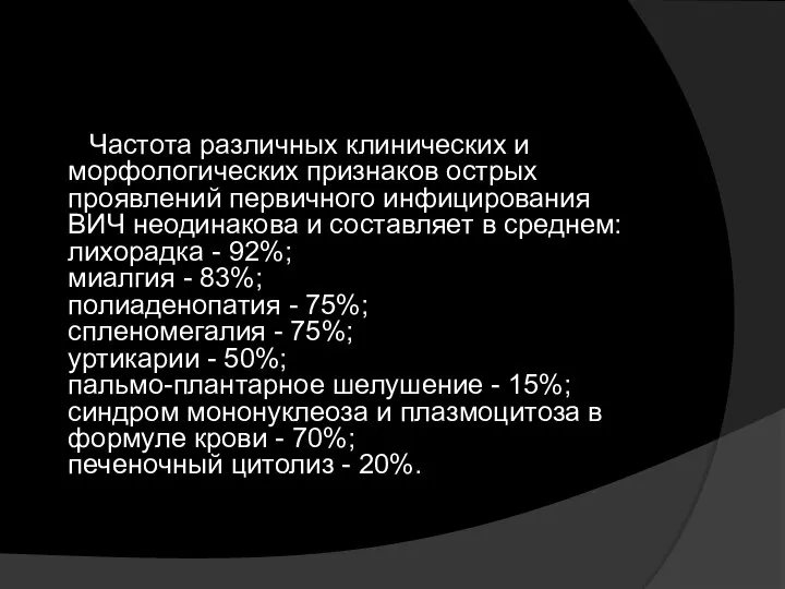 Частота различных клинических и морфологических признаков острых проявлений первичного инфицирования ВИЧ