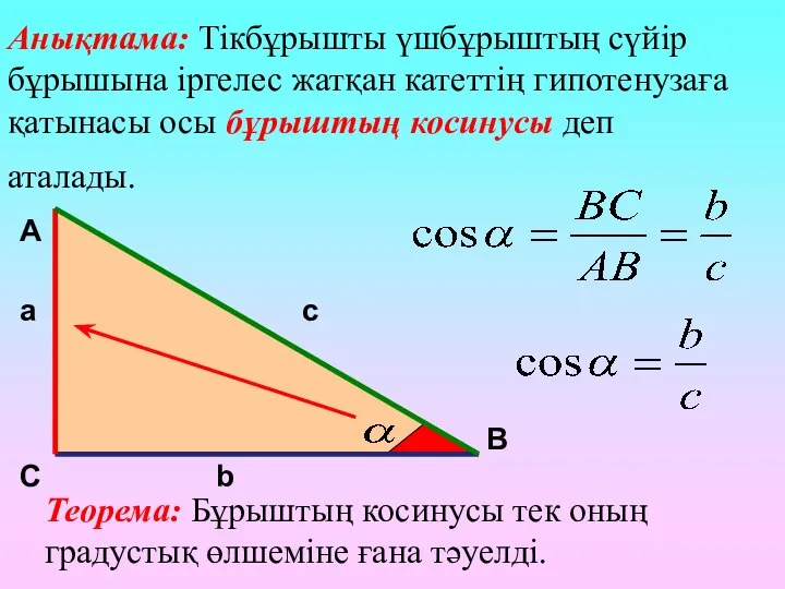 А С В b c a Анықтама: Тікбұрышты үшбұрыштың сүйір бұрышына