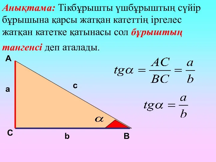 А С В b c a Анықтама: Тікбұрышты үшбұрыштың сүйір бұрышына