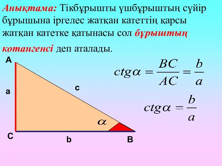 А С В b c a Анықтама: Тікбұрышты үшбұрыштың сүйір бұрышына