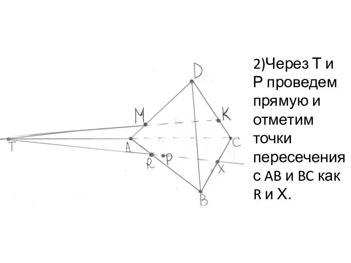 2)Через Т и Р проведем прямую и отметим точки пересечения с