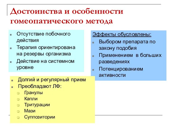 Достоинства и особенности гомеопатического метода Отсутствие побочного действия Терапия ориентирована на