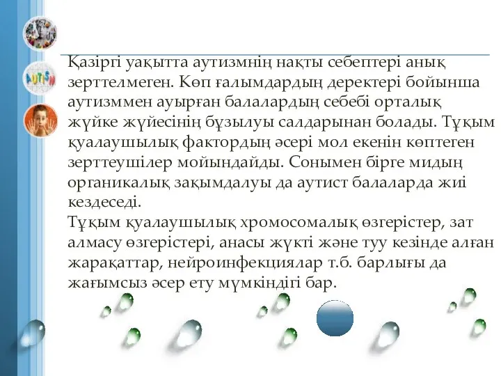 Қазіргі уақытта аутизмнің нақты себептері анық зерттелмеген. Көп ғалымдардың деректері бойынша