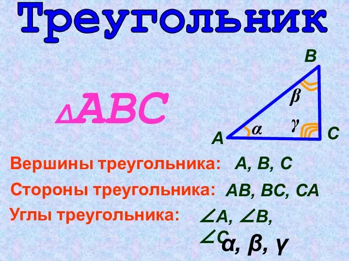 Треугольник А В С А, В, С Вершины треугольника: АВ, ВС,
