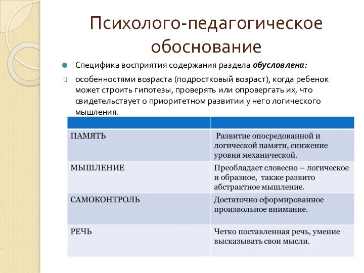 Психолого-педагогическое обоснование Специфика восприятия содержания раздела обусловлена: особенностями возраста (подростковый возраст),