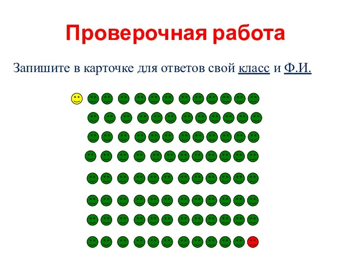 Проверочная работа Запишите в карточке для ответов свой класс и Ф.И.