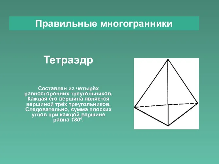 Правильные многогранники Тетраэдр Составлен из четырёх равносторонних треугольников. Каждая его вершина