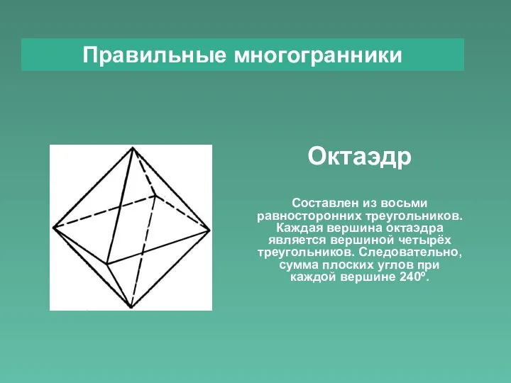 Правильные многогранники Октаэдр Составлен из восьми равносторонних треугольников. Каждая вершина октаэдра