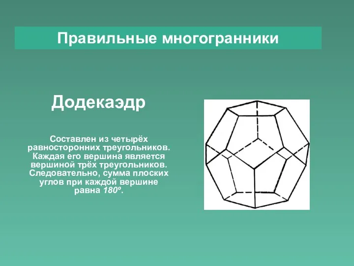 Правильные многогранники Додекаэдр Составлен из четырёх равносторонних треугольников. Каждая его вершина