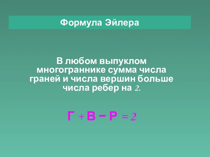 Формула Эйлера В любом выпуклом многограннике сумма числа граней и числа