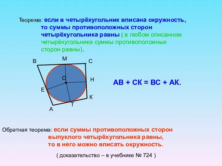 Теорема: если в четырёхугольник вписана окружность, то суммы противоположных сторон четырёхугольника