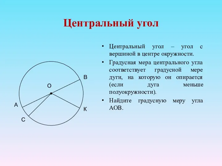 Центральный угол Центральный угол – угол с вершиной в центре окружности.