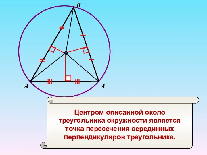 В Центром описанной около треугольника окружности является точка пересечения серединных перпендикуляров треугольника. А А