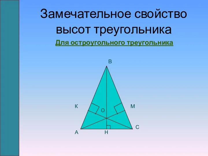 Замечательное свойство высот треугольника Для остроугольного треугольника