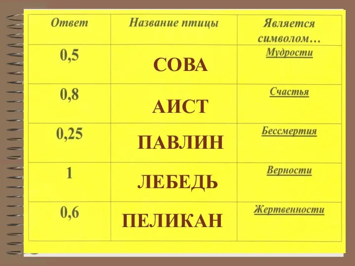 СОВА АИСТ ПАВЛИН ЛЕБЕДЬ ПЕЛИКАН