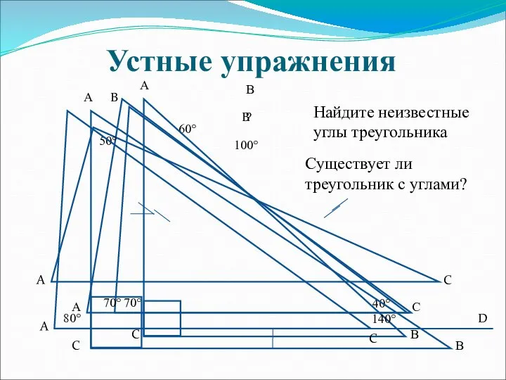 Устные упражнения 70° 60° 40° ? 70° А В С Существует