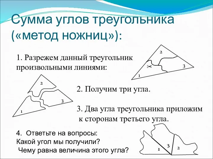 Сумма углов треугольника («метод ножниц»): 1. Разрежем данный треугольник произвольными линиями: