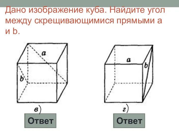 Дано изображение куба. Найдите угол между скрещивающимися прямыми а и b. 90° 60° Ответ Ответ