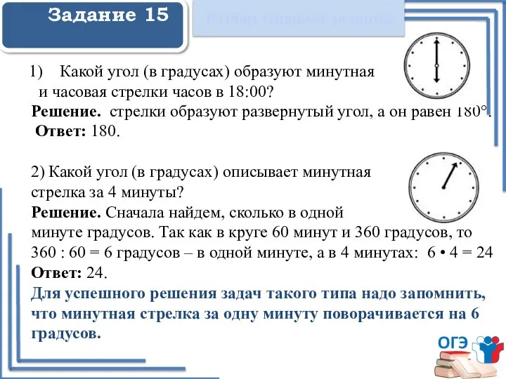 Задание 15 Какой угол (в градусах) образуют минутная и часовая стрелки