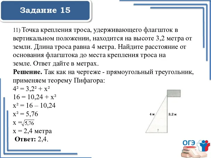 Задание 15 11) Точка крепления троса, удерживающего флагшток в вертикальном положении,