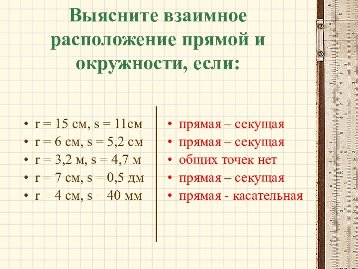 Выясните взаимное расположение прямой и окружности, если: r = 15 см,