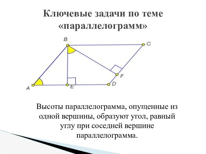 Ключевые задачи по теме «параллелограмм» Высоты параллелограмма, опущенные из одной вершины,