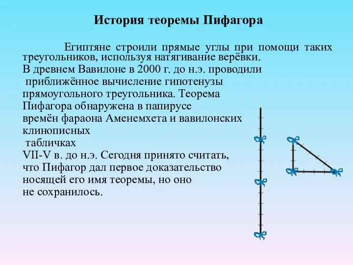 История теоремы Пифагора Египтяне строили прямые углы при помощи таких треугольников,