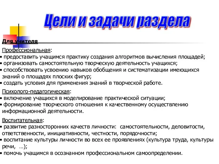 Цели и задачи раздела Для учителя Профессиональная: предоставить учащимся практику создания