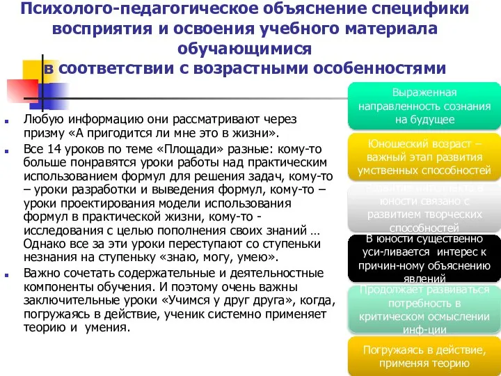 Психолого-педагогическое объяснение специфики восприятия и освоения учебного материала обучающимися в соответствии