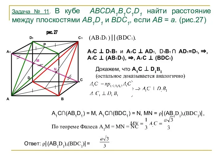 рис. 27 Задача № 11. В кубе ABCDA1B1C1D1 найти расстояние между