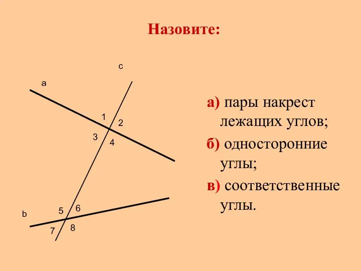 Назовите: а) пары накрест лежащих углов; б) односторонние углы; в) соответственные