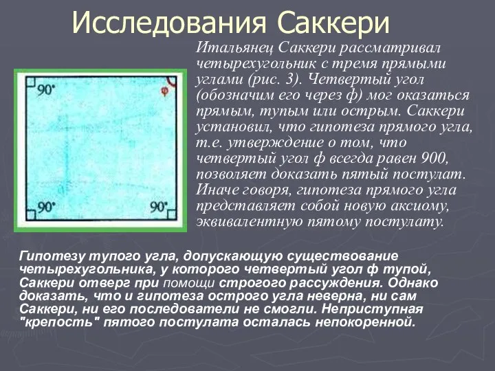 Исследования Саккери Гипотезу тупого угла, допускающую существование четырехугольника, у которого четвертый