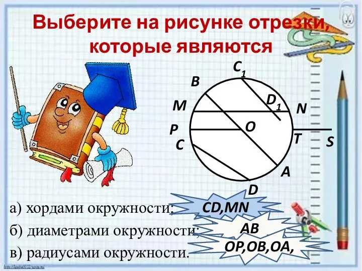 Выберите на рисунке отрезки, которые являются а) хордами окружности; б) диаметрами