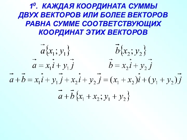 10. КАЖДАЯ КООРДИНАТА СУММЫ ДВУХ ВЕКТОРОВ ИЛИ БОЛЕЕ ВЕКТОРОВ РАВНА СУММЕ СООТВЕТСТВУЮЩИХ КООРДИНАТ ЭТИХ ВЕКТОРОВ