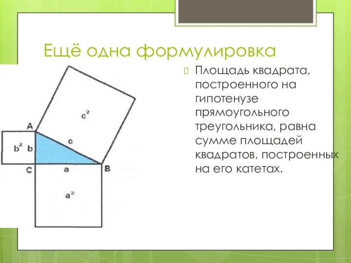 Ещё одна формулировка теоремы: Площадь квадрата, построенного на гипотенузе прямоугольного треугольника,