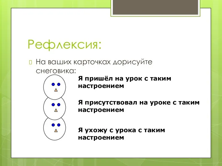 Рефлексия: На ваших карточках дорисуйте снеговика: Я пришёл на урок с