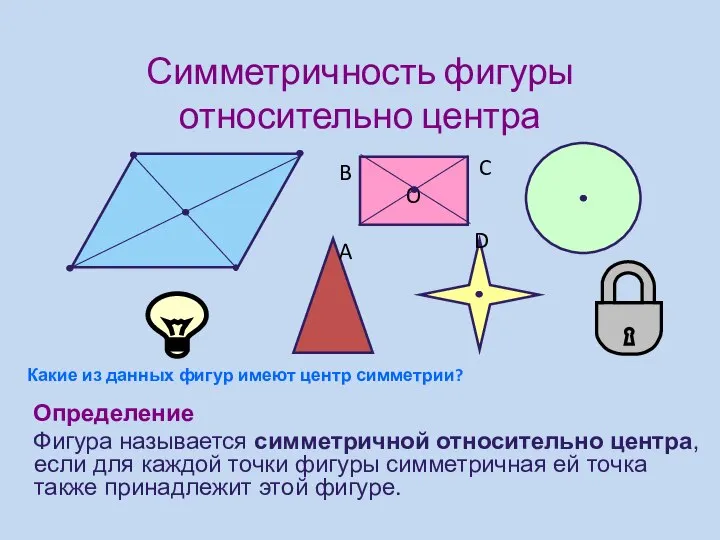 Симметричность фигуры относительно центра Определение Фигура называется симметричной относительно центра, если