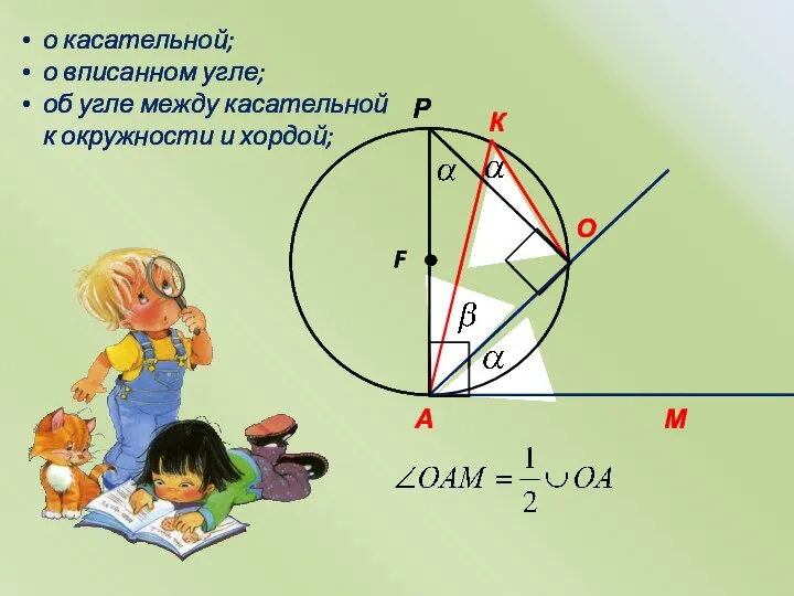 о касательной; о вписанном угле; об угле между касательной к окружности и хордой; Р F