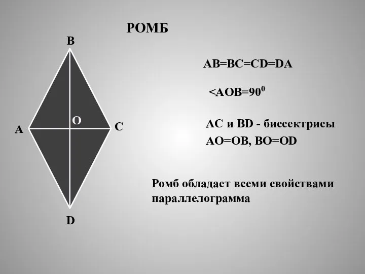 РОМБ A B C D AB=BC=CD=DA O AC и BD -