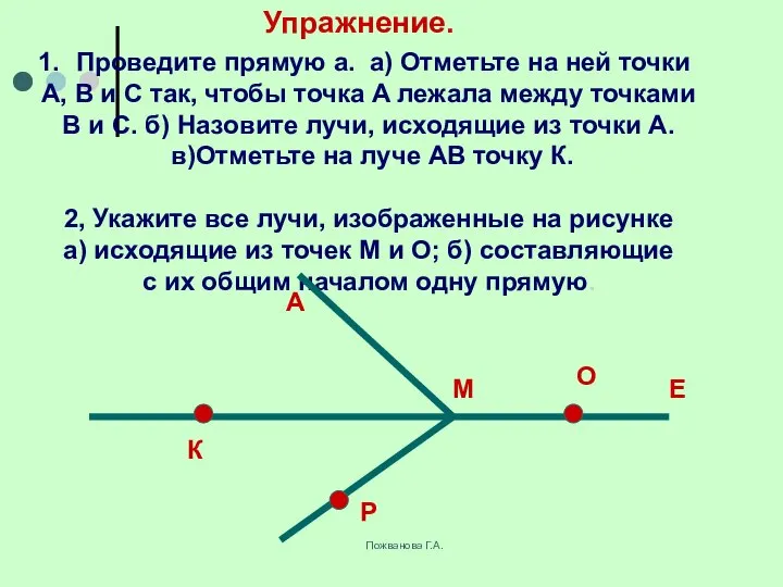 Пожванова Г.А. Упражнение. Проведите прямую а. а) Отметьте на ней точки