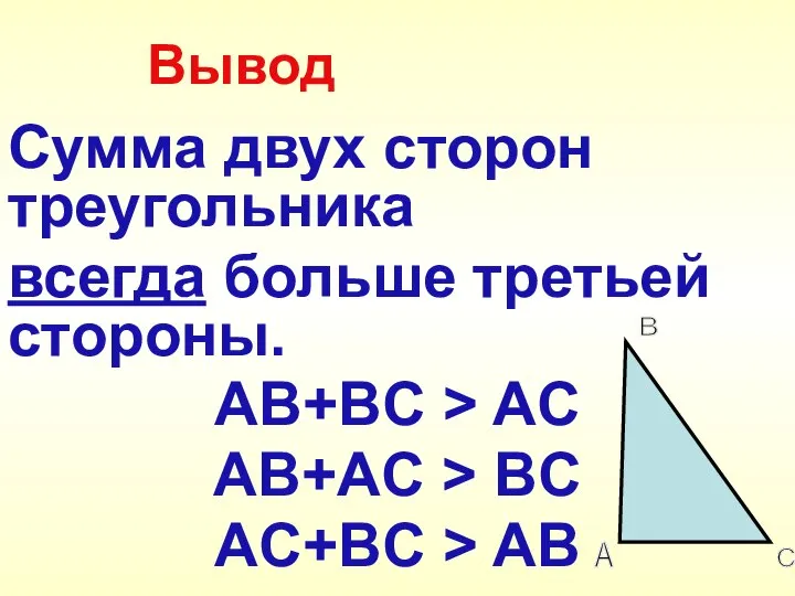 Вывод Сумма двух сторон треугольника всегда больше третьей стороны. AB+BC >