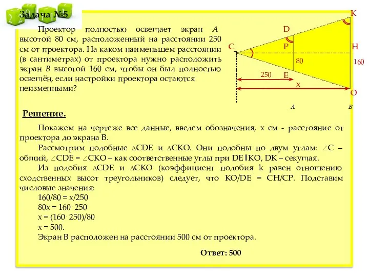 Задача №5 Проектор полностью освещает экран A высотой 80 см, расположенный