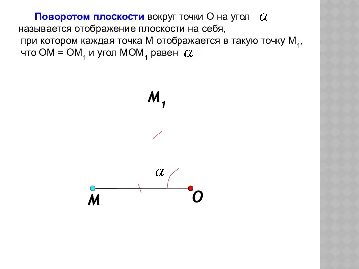 O Поворотом плоскости вокруг точки О на угол называется отображение плоскости
