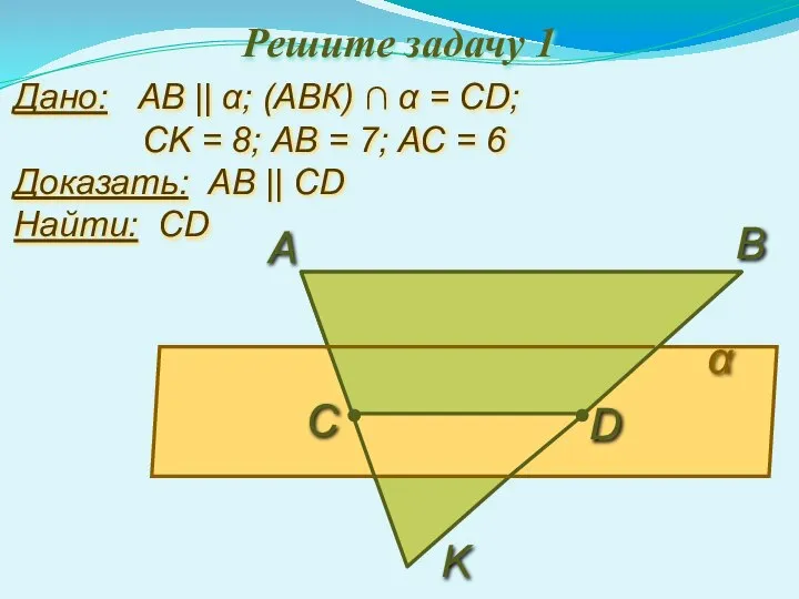 Решите задачу 1 Дано: АВ || α; (АВК) ∩ α =