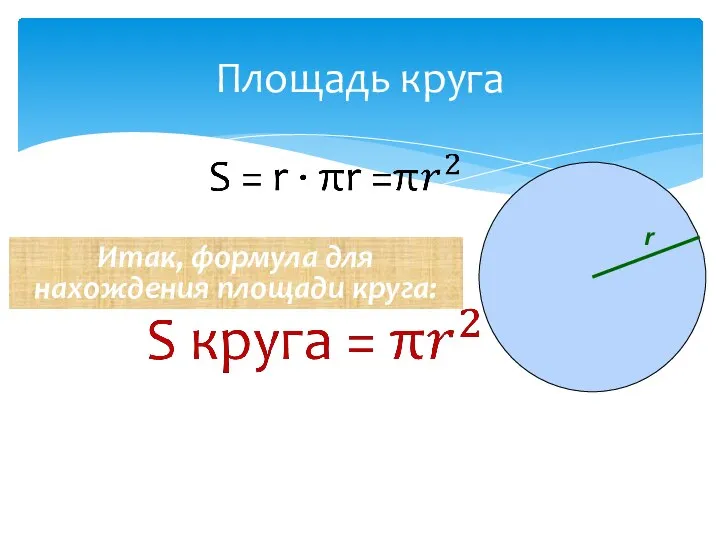 Площадь круга Итак, формула для нахождения площади круга: